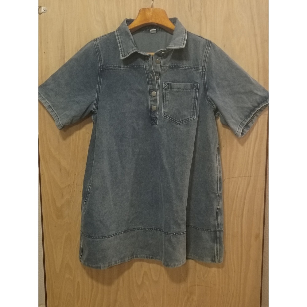 Elengatine Blue Denim Mini Dress Short Sleeve Snap Button Front Pockets Large